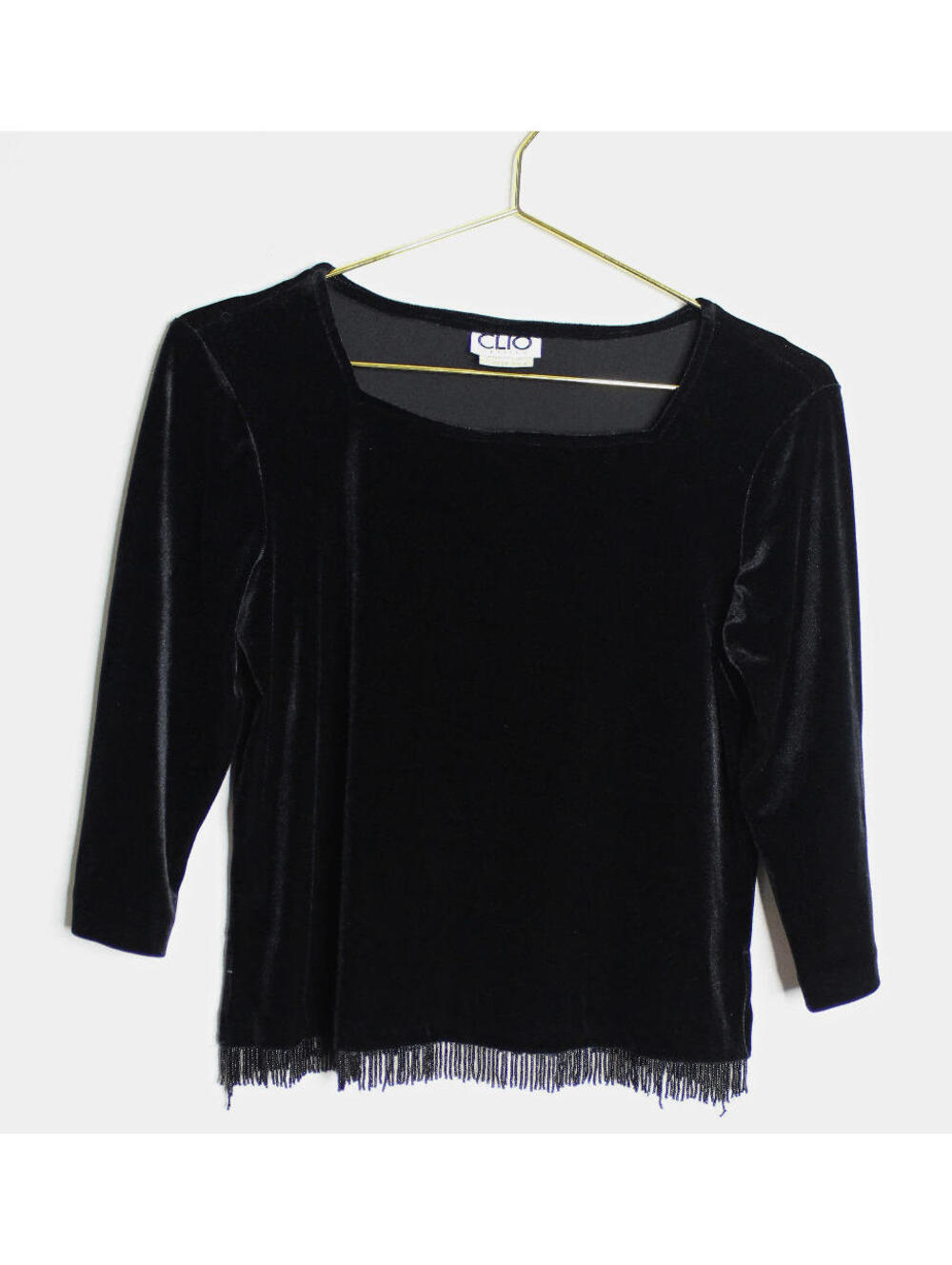 VTG Black Velvet Beaded Fringe Top - 3/4 Sleeve - Small